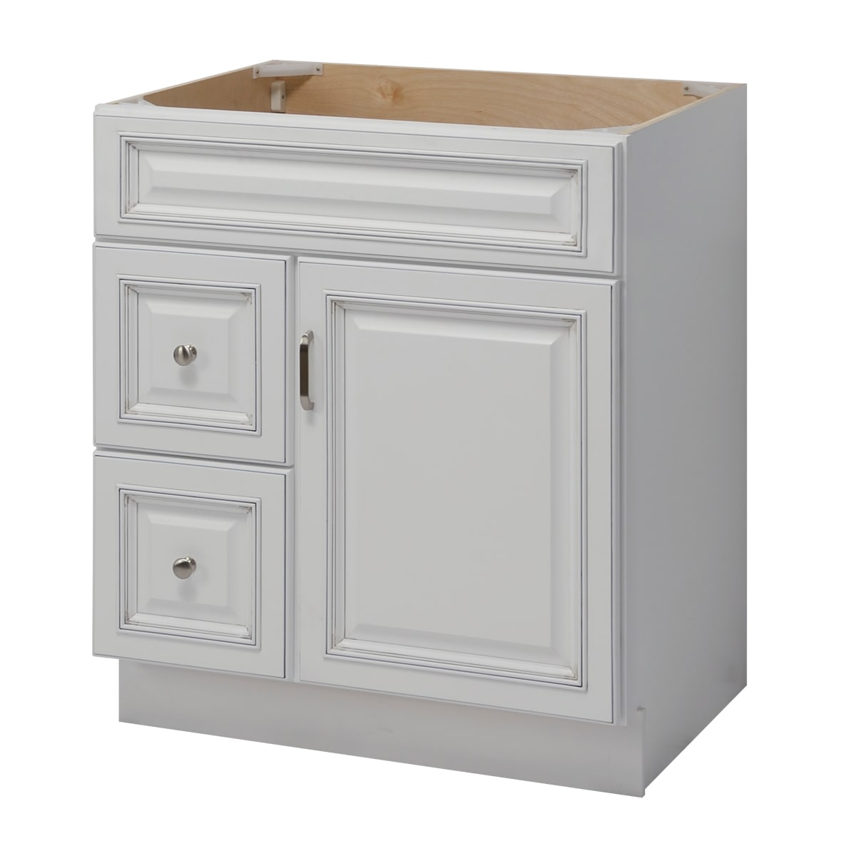 Sunny Wood RL3021DL Riley 30   Single Floor Standing Vanity Cabinet Only with Left Hand Drawers - Less Vanity Top Fresh White with Dover Glaze Bathroom 