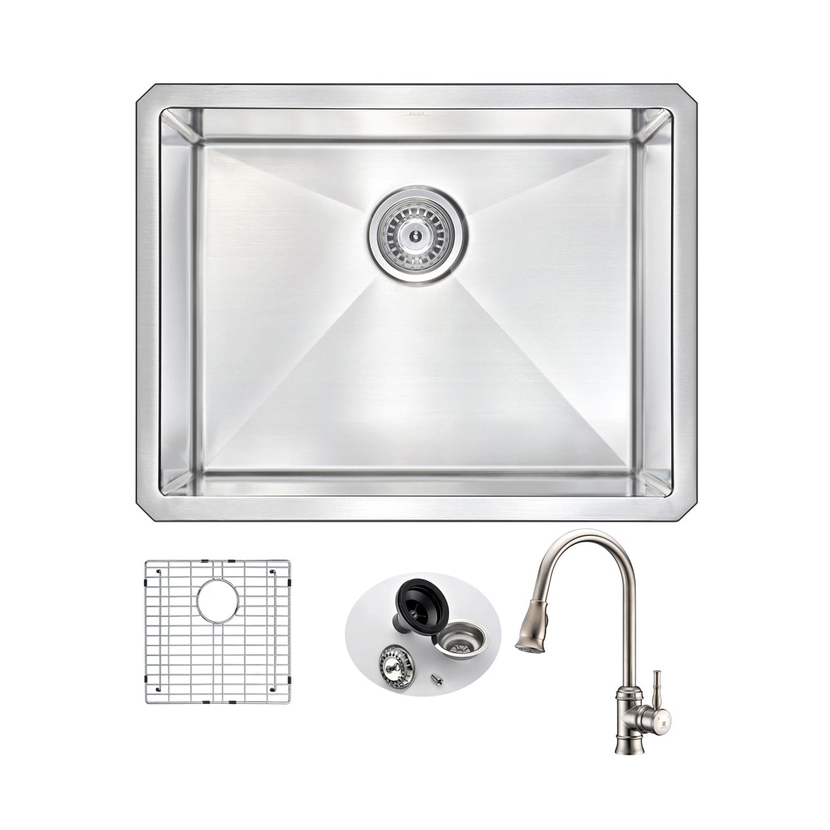 Anzzi Kaz2318 130 Satin Brushed Nickel Vanguard 23 Single Basin 16 Gauge Stainless Steel Undermount Kitchen Sink With Sails Series 1 8 Gpm Faucet Includes Basin Rack And Basket Strainer Faucet Com