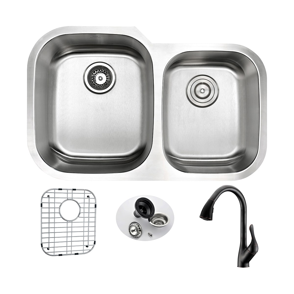 Anzzi Kaz3220 031o Brushed Oil Rubbed Bronze Moore 32 Double Basin 16 Gauge Stainless Steel Undermount Kitchen Sink With Accent Series Faucet Includes Basin Rack And Basket Strainer Faucet Com