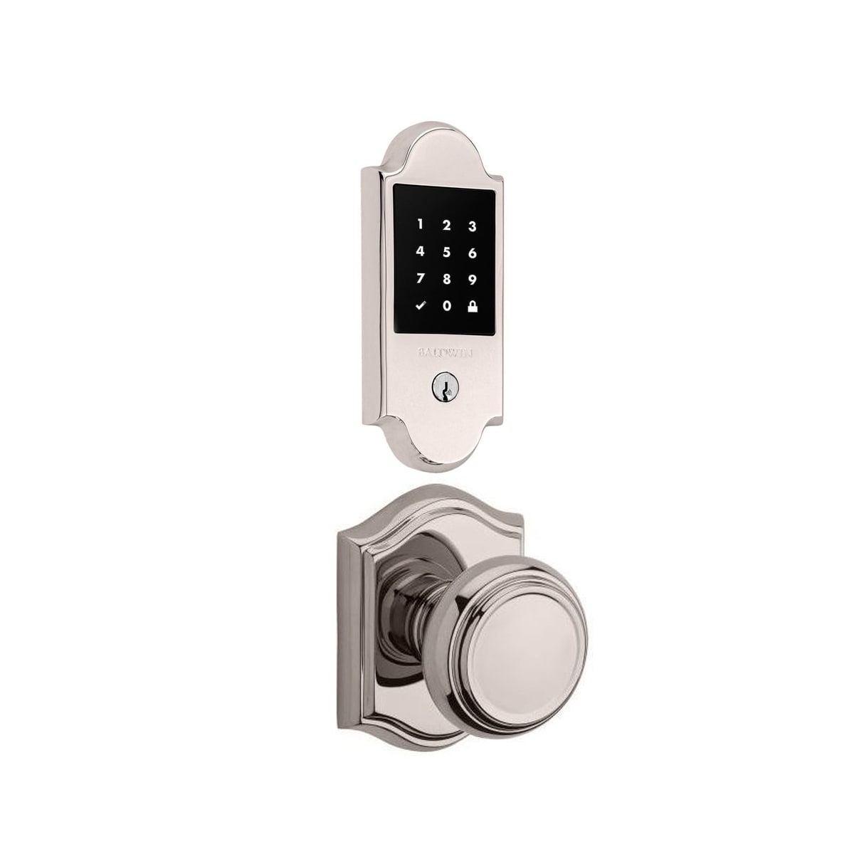 Baldwin 8235xPSTRATAR141 Polished Nickel Boulder Touchscreen Electronic  Deadbolt and Traditional Passage Knob Set with Arch Rose
