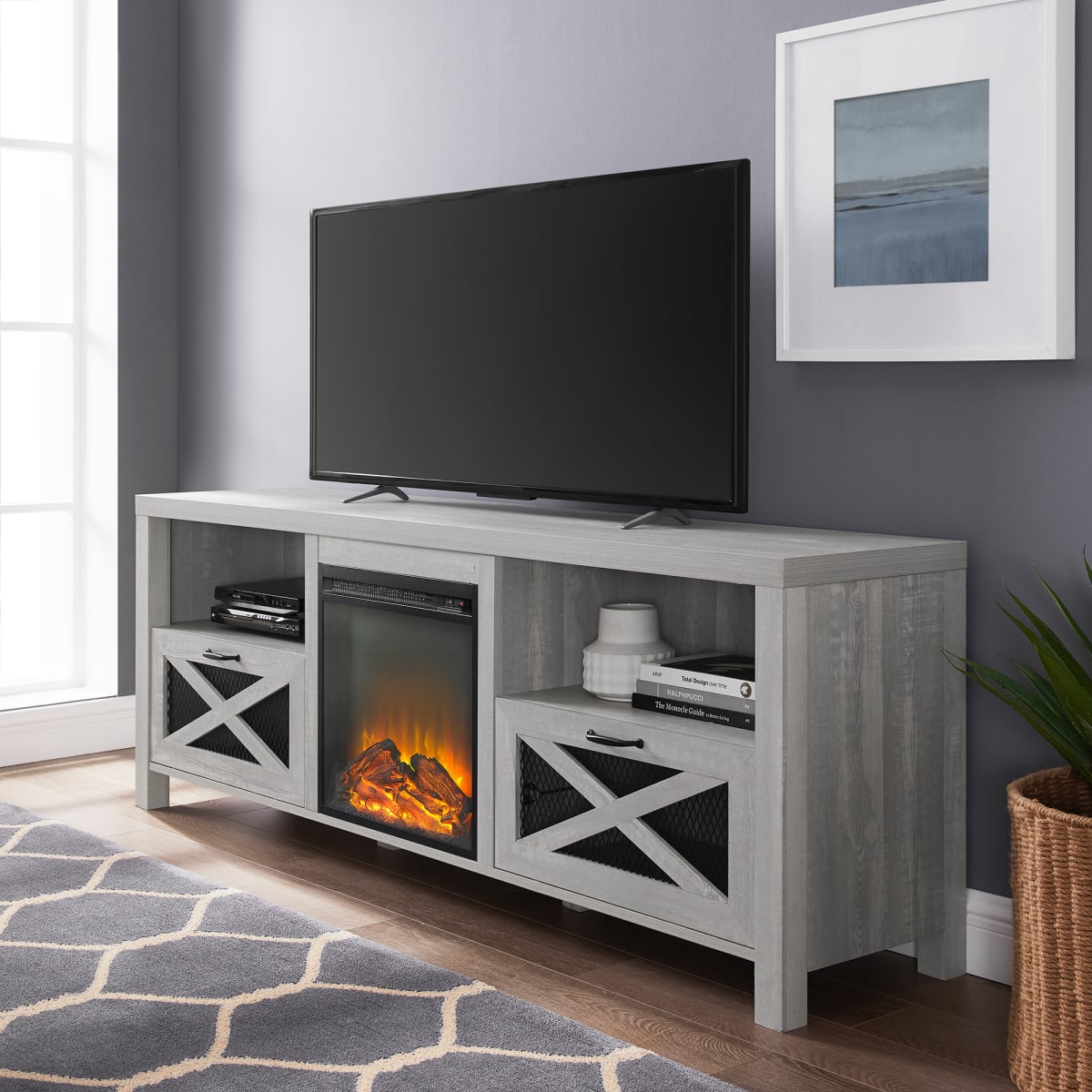Gray farmhouse tv store stand with fireplace