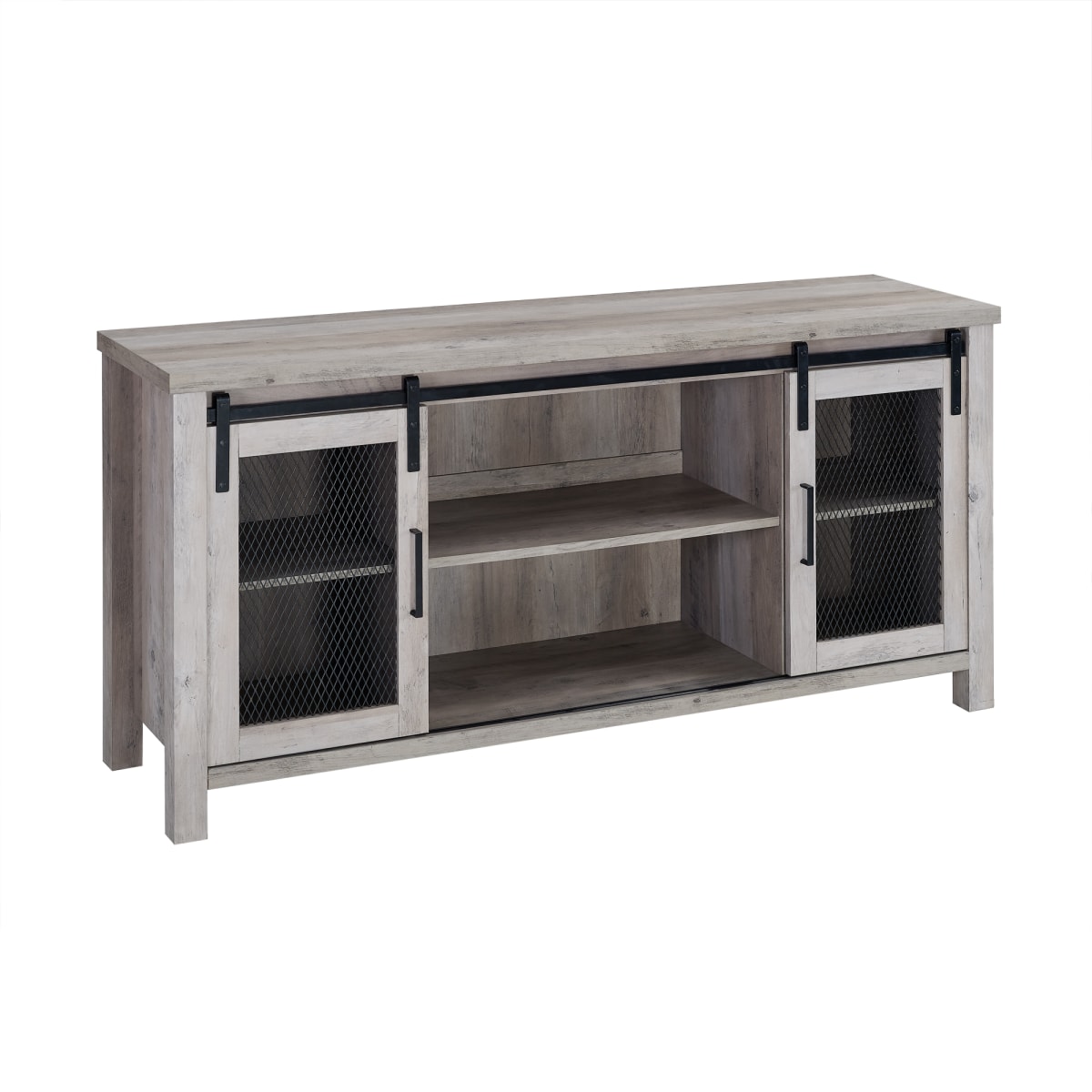 Delacora Bd58smdgw Gray Wash 58 Wide Laminate And Metal Media Cabinet With Sliding Mesh Doors