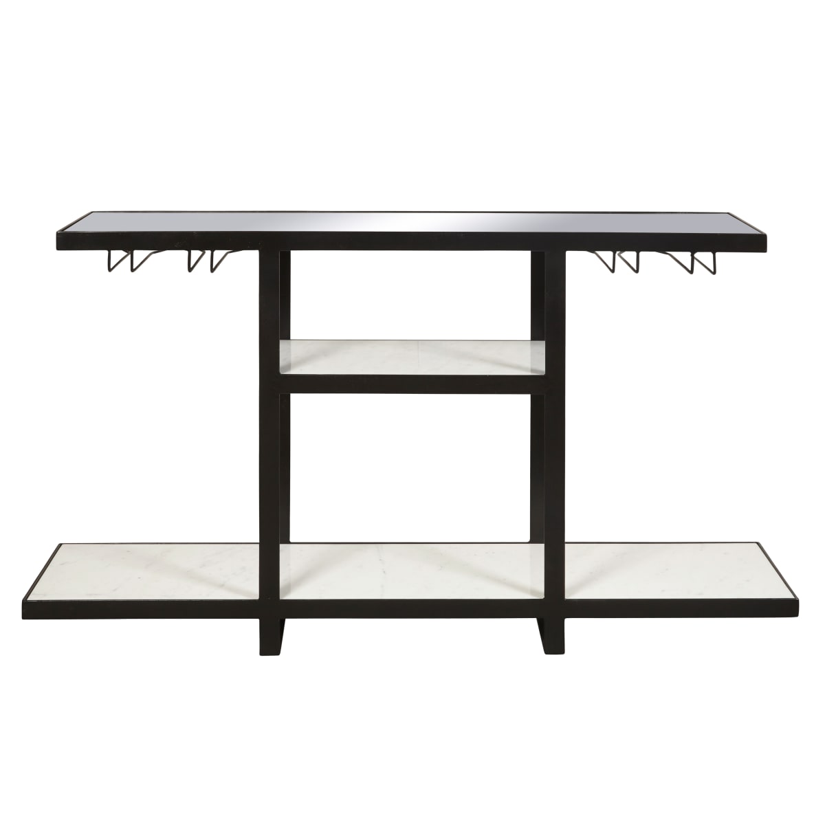 Delacora D281 803 K1 Black White Gentry 58 Wide Marble And Metal Bar With Mirrored Top And Stemware Rack