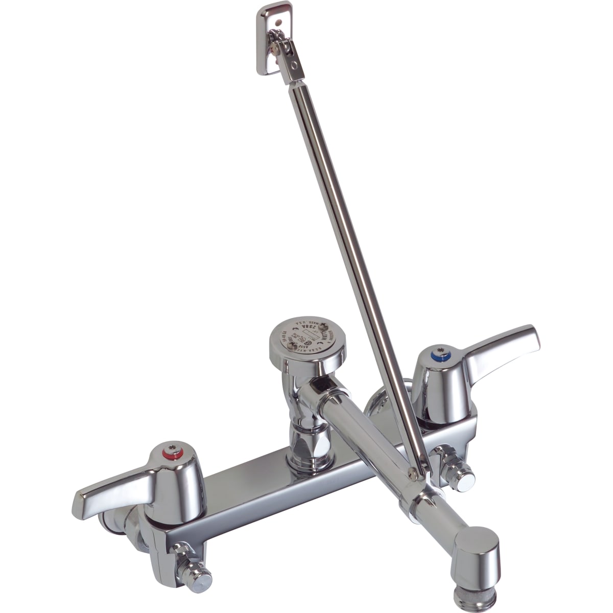 Delta 28c2383 Chrome Double Handle Ceramic Disc Wallmount Faucet With Lever Blade Handles Long Spout With Brace And Body Mounted Angle Vacuum Breaker From The Commercial Series Faucet Com