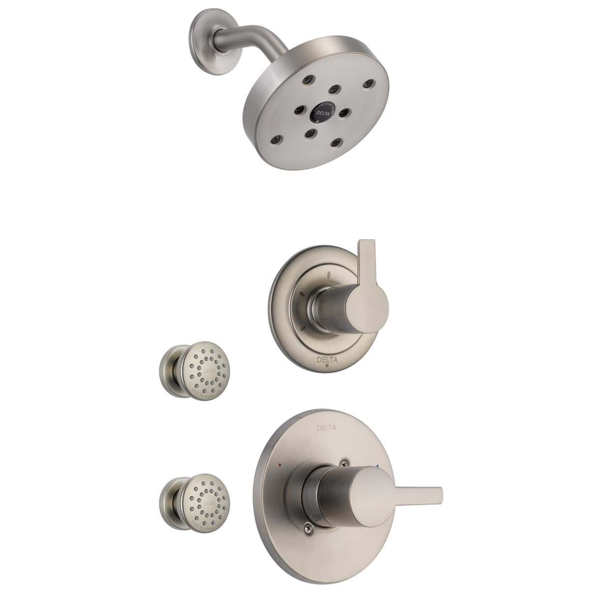 Delta Dss Compel 1402ss Brilliance Stainless Monitor 14 Series Single Function Pressure Balanced Shower System With Shower Head And 2 Body Sprays Includes Rough In Valves Faucetdirect Com