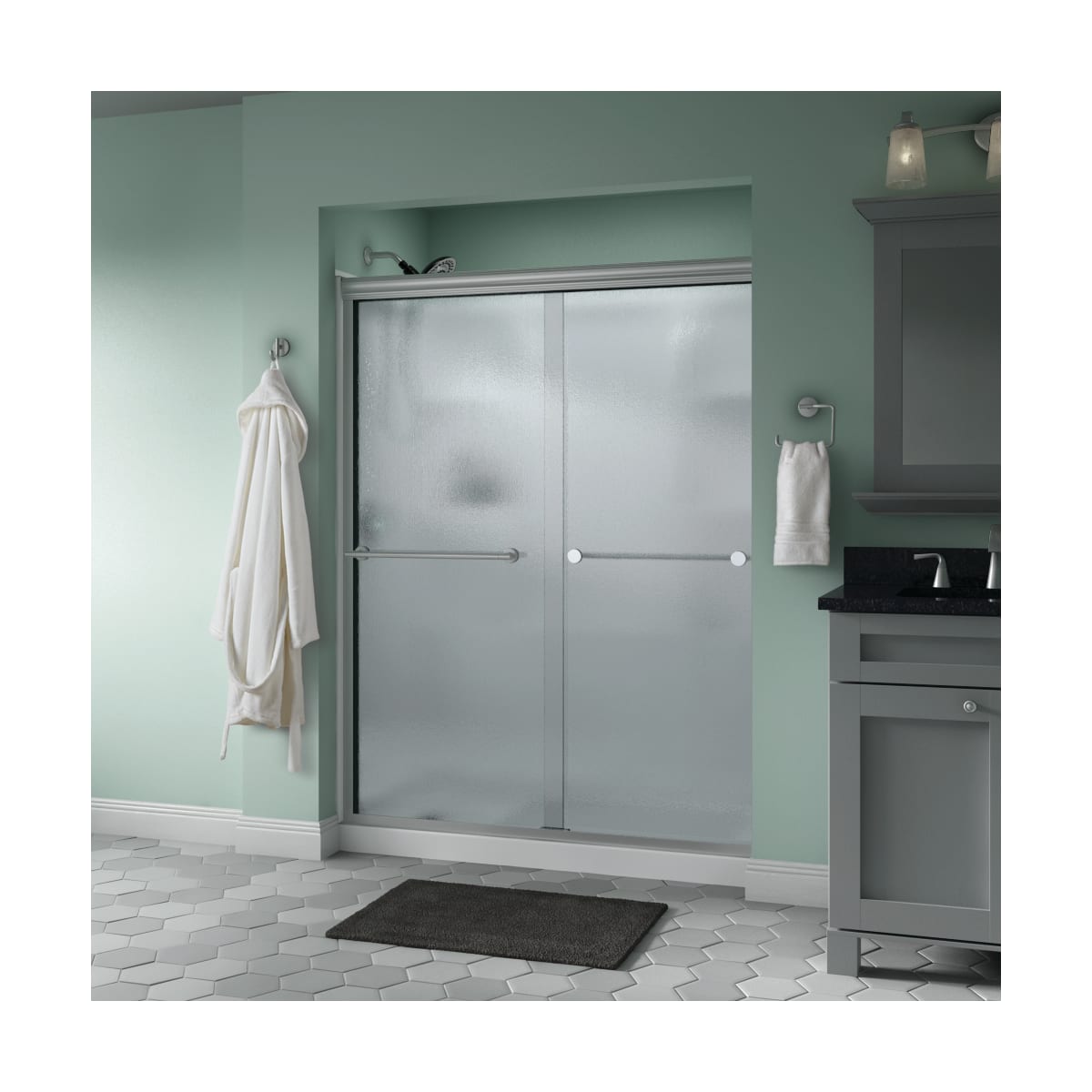 Delta Sd Nickel Trinsic 60 Wide Sliding Semi Frameless Shower Door With Rain Glass Faucetdirect Com