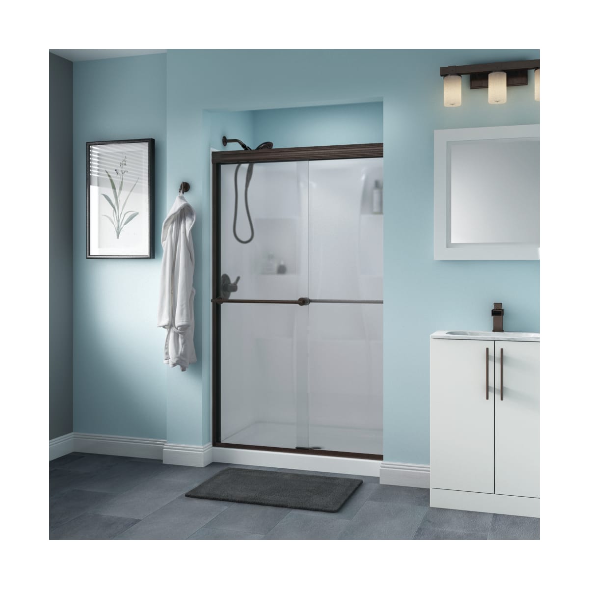 Delta Sd Bronze Trinsic 48 Wide Sliding Semi Frameless Shower Door With Frosted Glass Faucetdirect Com