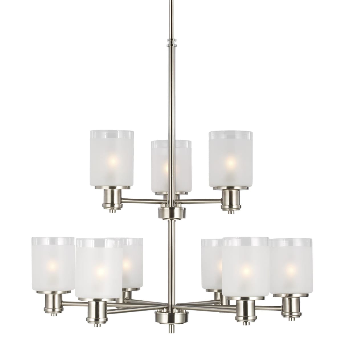 9 Light 28 inch Chandelier in Brushed Nickel with Clear Highlighted Satin Etched Glass Shades - 248375