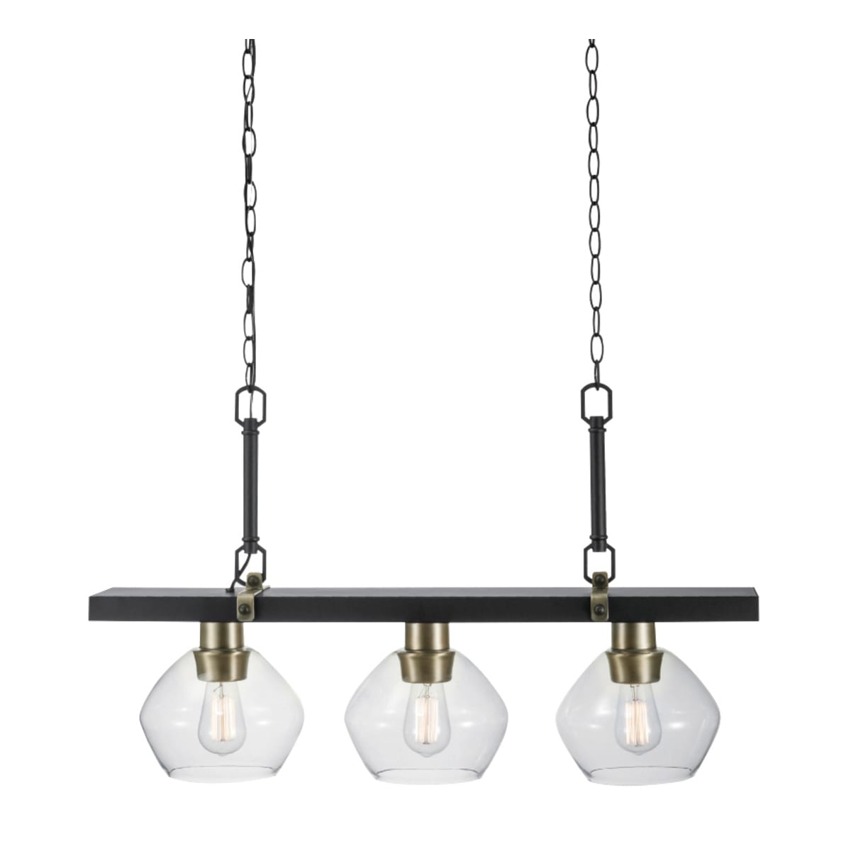 Globe Electric Harrow 3 Light Matte Black Linear Pendant Lighting with Gold Accent Sockets and Clear Glass Shades 60873
