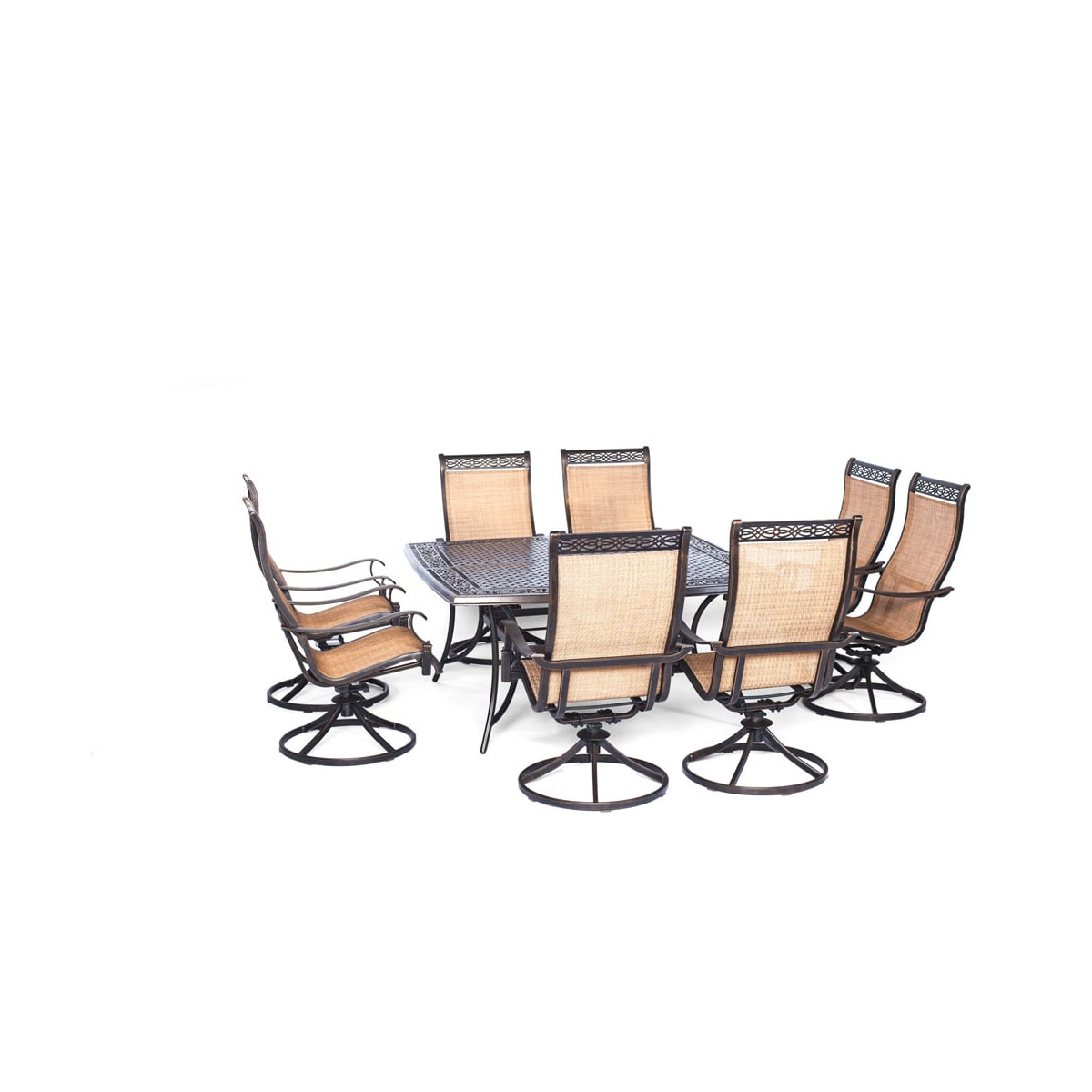 Hanover Mandn9pcswsq 8 Cedar Manor 9 Piece Aluminum Framed Outdoor Dining Set With Umbrella Compatible Square Aluminum Tabletop And Swivel Rocking Chairs Lightingdirect Com