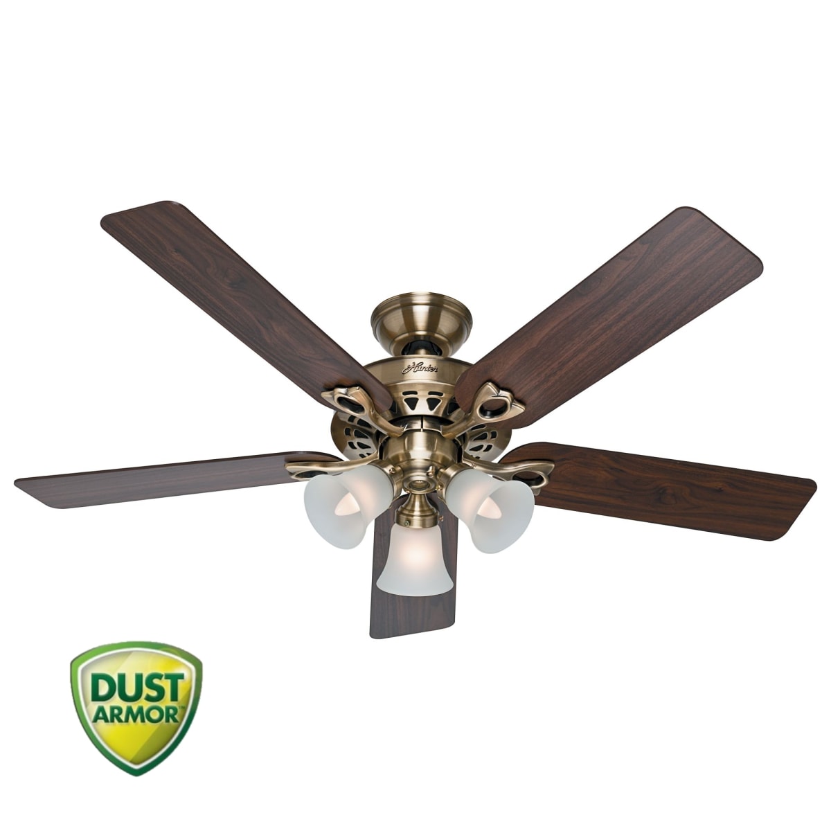 Hunter 53115 Antique Brass Sontera 52 5 Blade Ceiling Fan Blades Light Kit And Remote Included Lightingshowplace Com