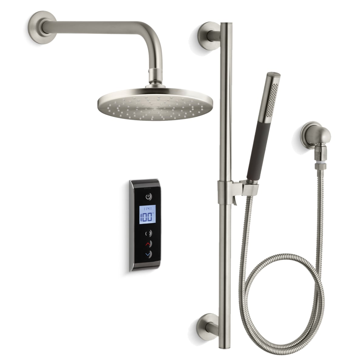 Kohler K Dtv Prompt Rain Bn Black Brushed Nickel With Black Control Dtv Complete Thermostatic Shower System With Digital Interface Rain Shower Head And Multi Function Handshower With Valve Included Faucet Com