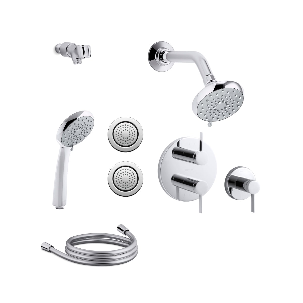 Kohler K Awaken B90 Sms25 4 Cp Polished Chrome Awaken Thermostatic Shower System With Multi Function B90 Shower Head Hand Shower Body Sprays Stacked Valve Trims Faucetdirect Com