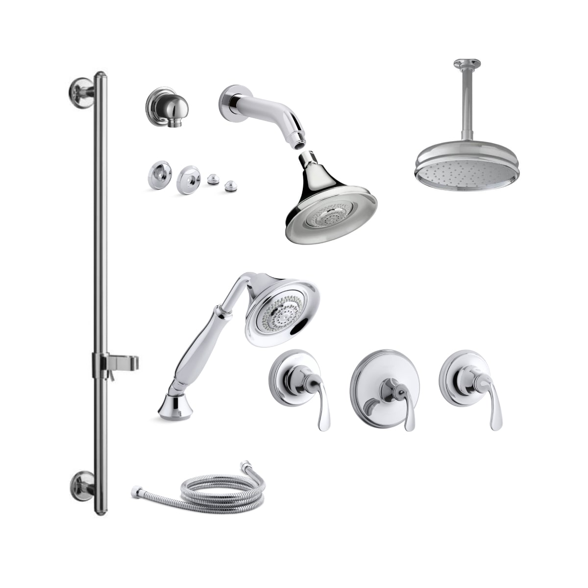 Kohler K Forte Ms27s 4 Cp Polished Chrome Forte Thermostatic Shower System With Multi Function Shower Head Hand Shower Rain Head Valve Trims Faucetdirect Com