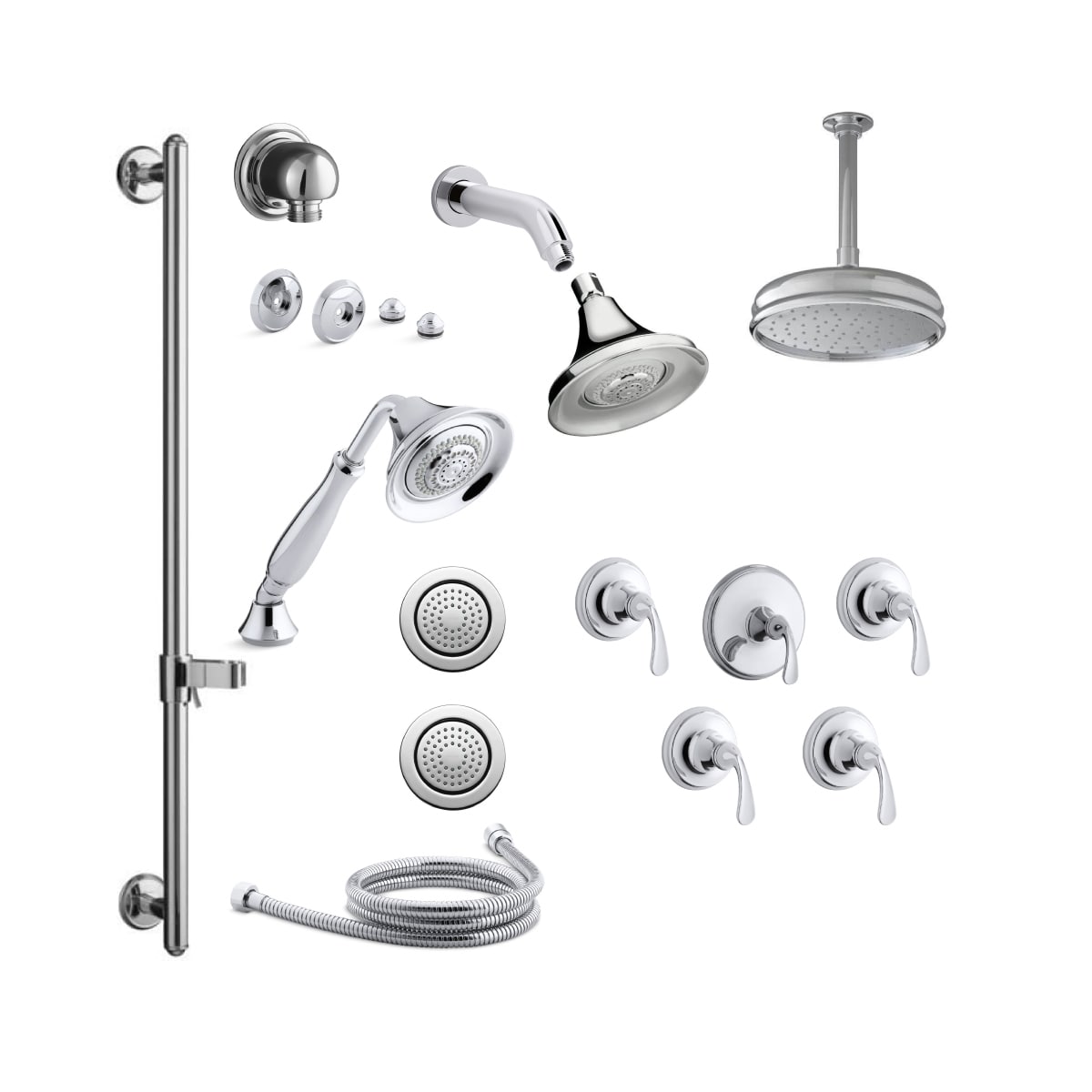 Kohler K Forte Ms28s 4 Cp Polished Chrome Forte Thermostatic Shower System With Multi Function Shower Head Hand Shower Rain Head Body Sprays Valve Trims Faucet Com