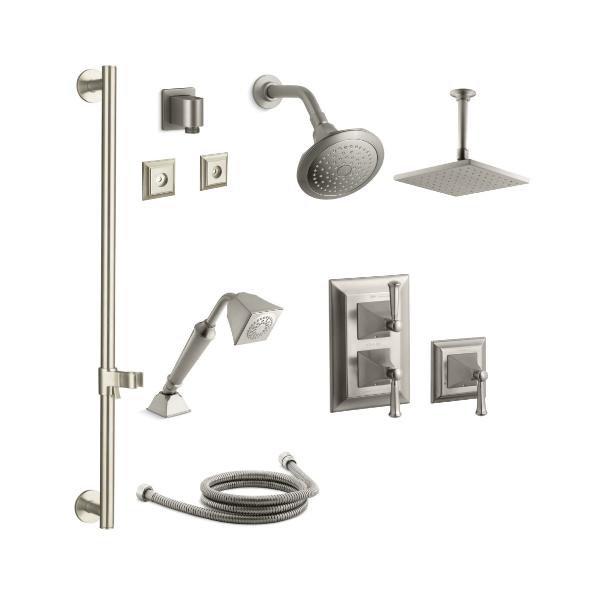 Kohler K Memoirs Sms17s 4s Bn Vibrant Brushed Nickel Memoirs Thermostatic Shower System With Single Function Shower Head Hand Shower Slide Bar Rain Head Stacked Valve Trims Faucetdirect Com