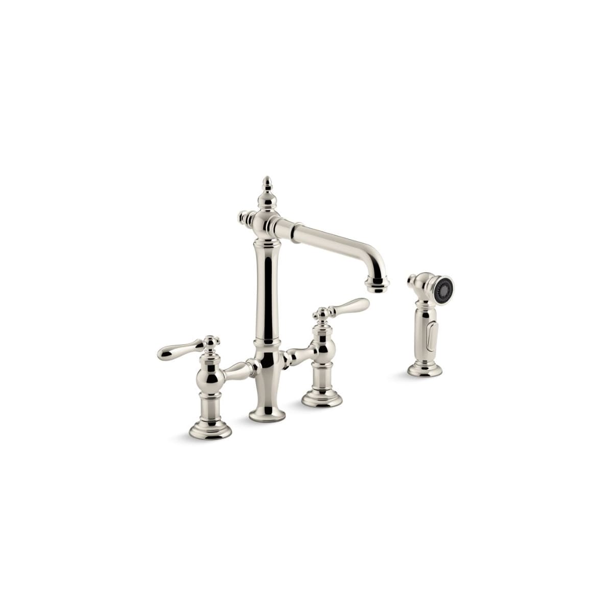 Kohler K 76519 4 Sn Vibrant Polished Nickel Artifacts 1 5 Gpm Widespread Bridge Kitchen Faucet Includes Side Spray Faucetdirect Com