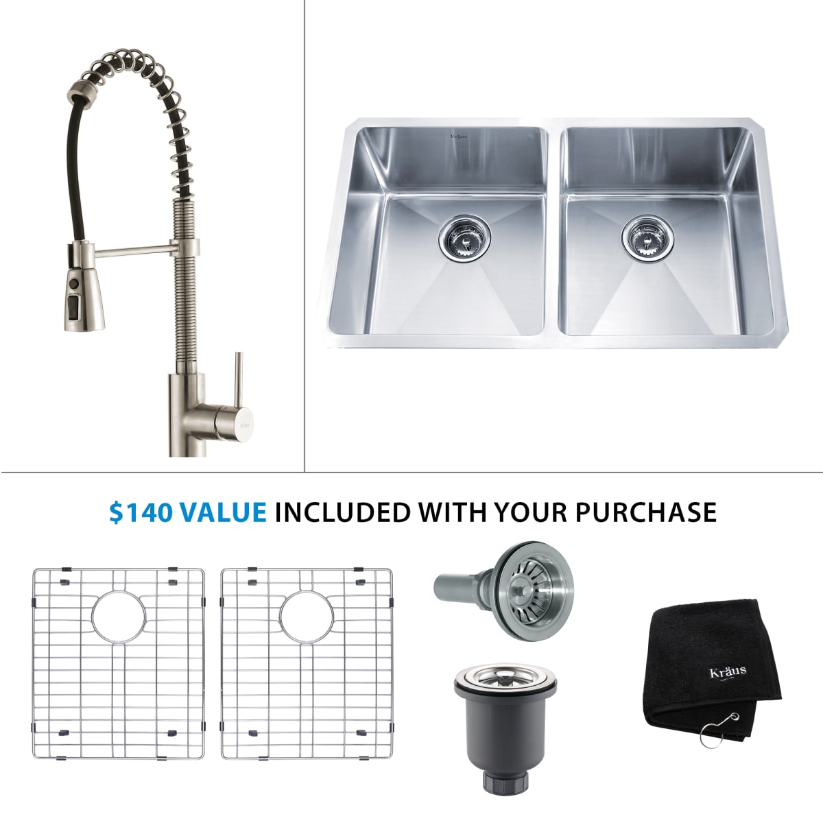 Kraus Khu102 33 Kpf 1612ss Stainless Steel Stainless Steel Kitchen Combo 32 3 4 Undermount Double Basin 16 Gauge Stainless Steel Kitchen Sink With Pre Rinse Kitchen Faucet Faucet Com