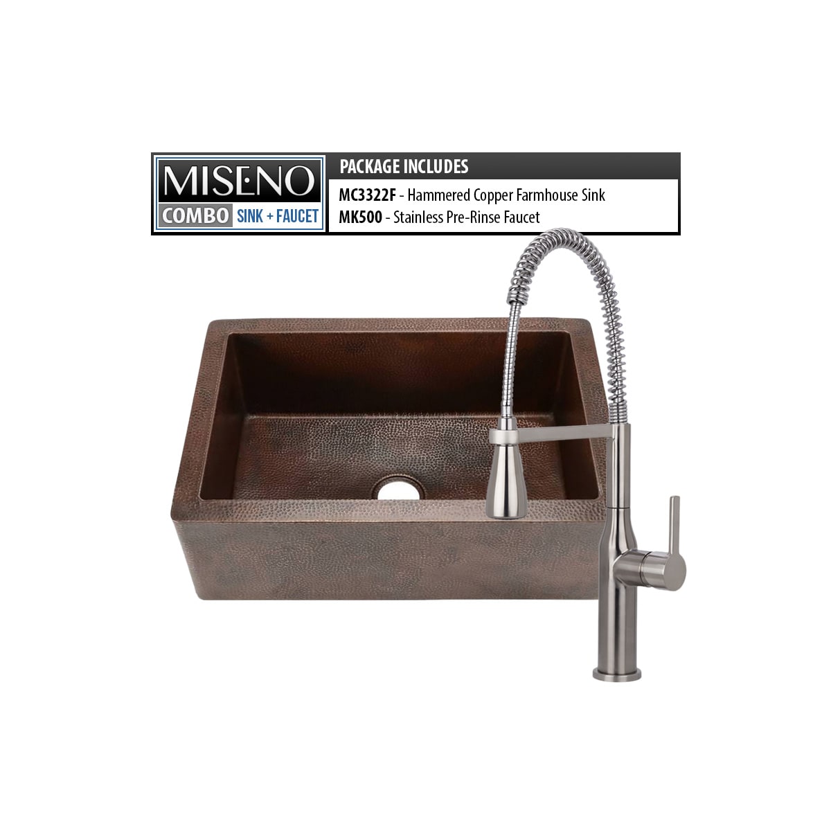 Miseno Mc3322f Mno500ass Hammered Antique Copper Stainless Steel Kitchen Combo Hammered Copper 33 Single Basin Farmhouse Kitchen Sink And Pullout Spray Kitchen Faucet Faucet Com