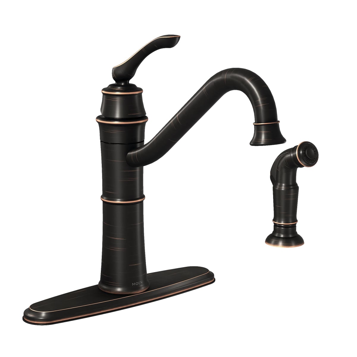 moen 87999brb mediterranean bronze wetherly high arc kitchen faucet with side spray faucetdirect com
