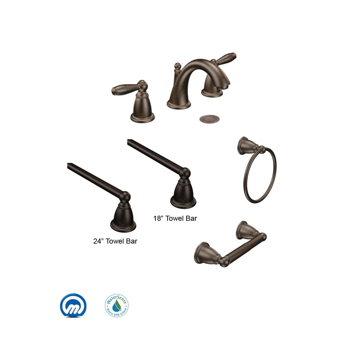 Moen Brantford Combo BN Brushed Nickel Bathroom Faucet Package with Widespread Faucet Tissue Holder 18 Towel Bar 24 Towel Bar and Towel Ring Faucet