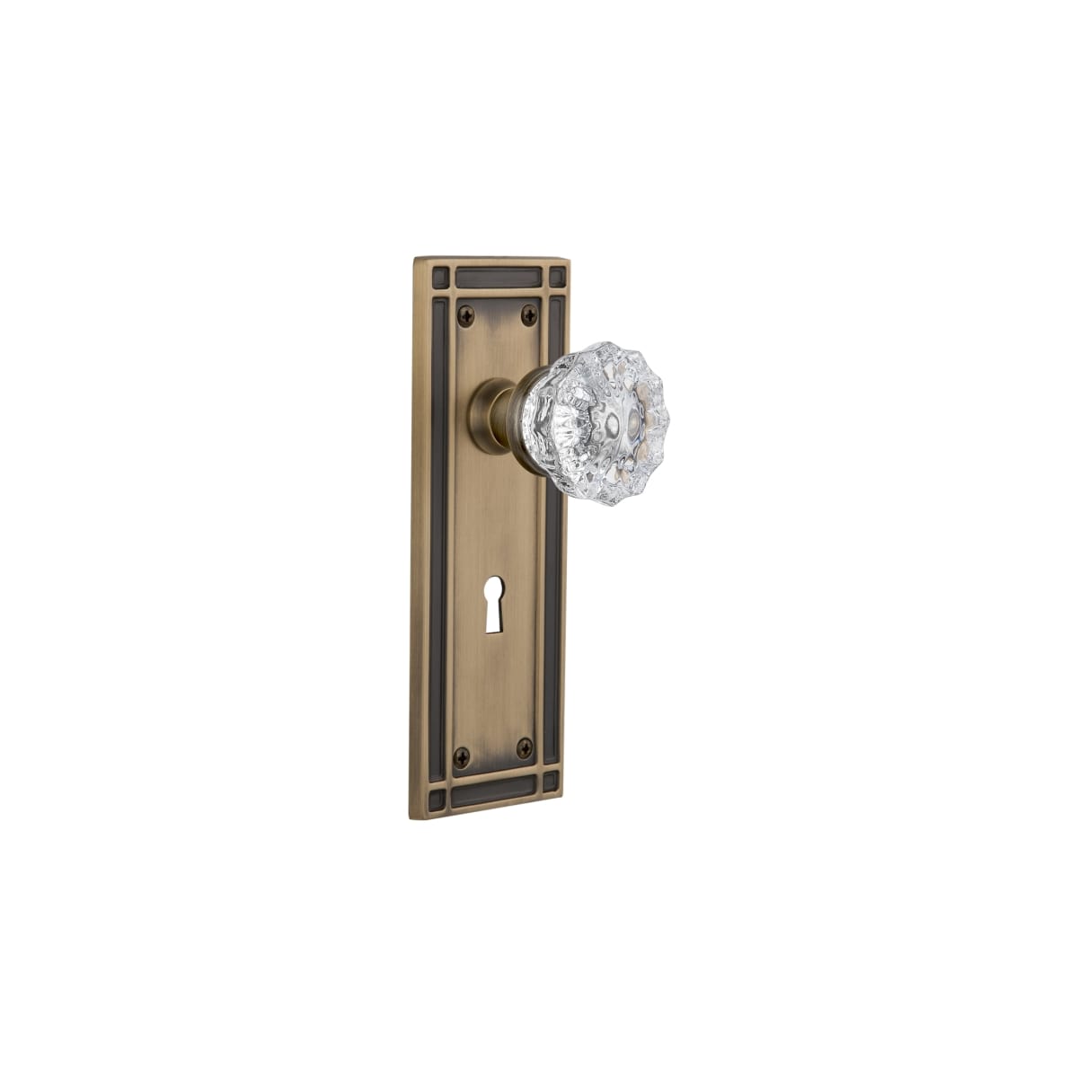Nostalgic Warehouse 703398 Timeless Bronze Vintage Fluted Crystal Privacy Door  Knob Set with Solid Brass Mission Style Back Plate, Keyhole and 2-3/8