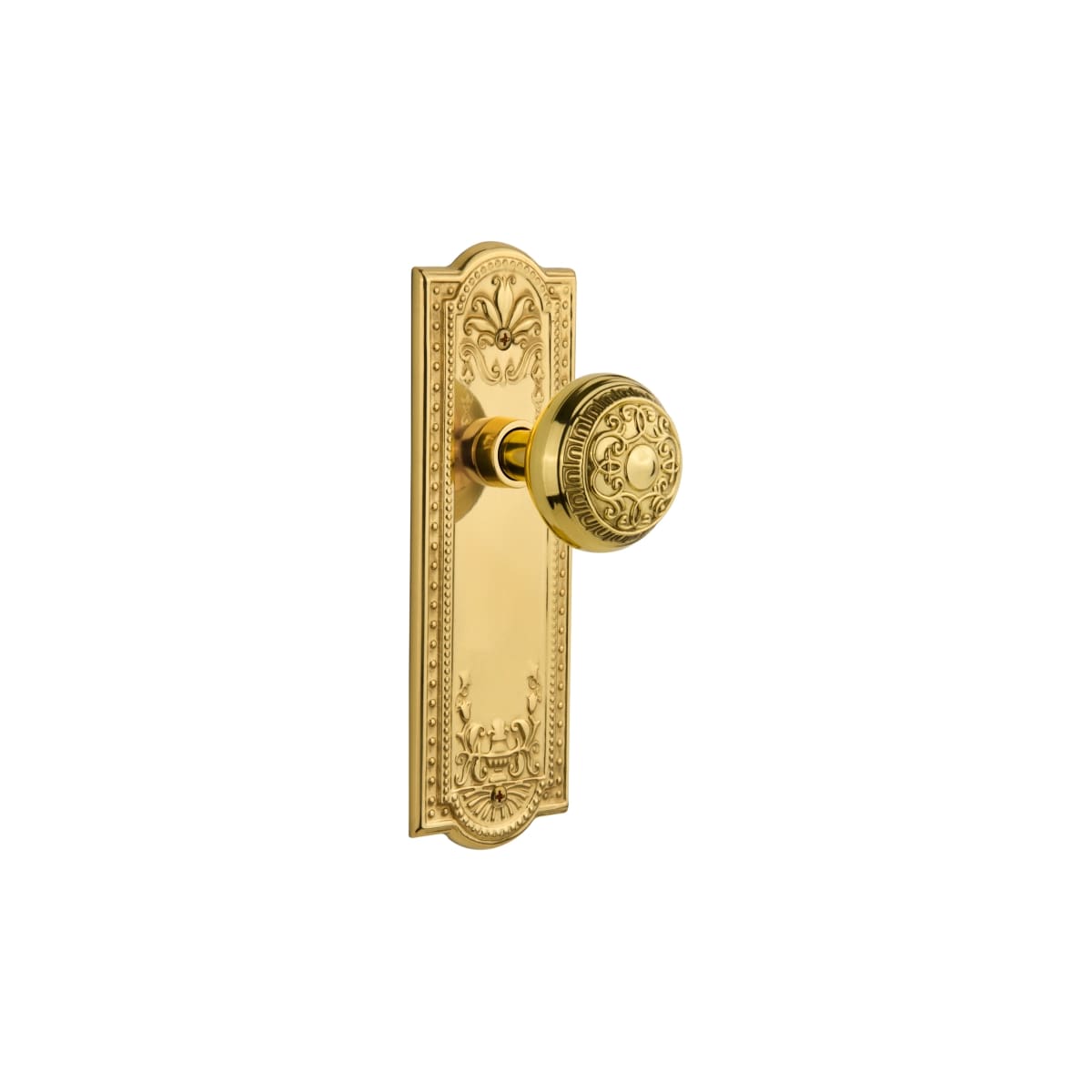 Nostalgic Warehouse 707636 Polished Brass Vintage Victorian Egg and Dart  and Dart Solid Brass Privacy Door Knob Set with Meadows Rose and 2-3/8