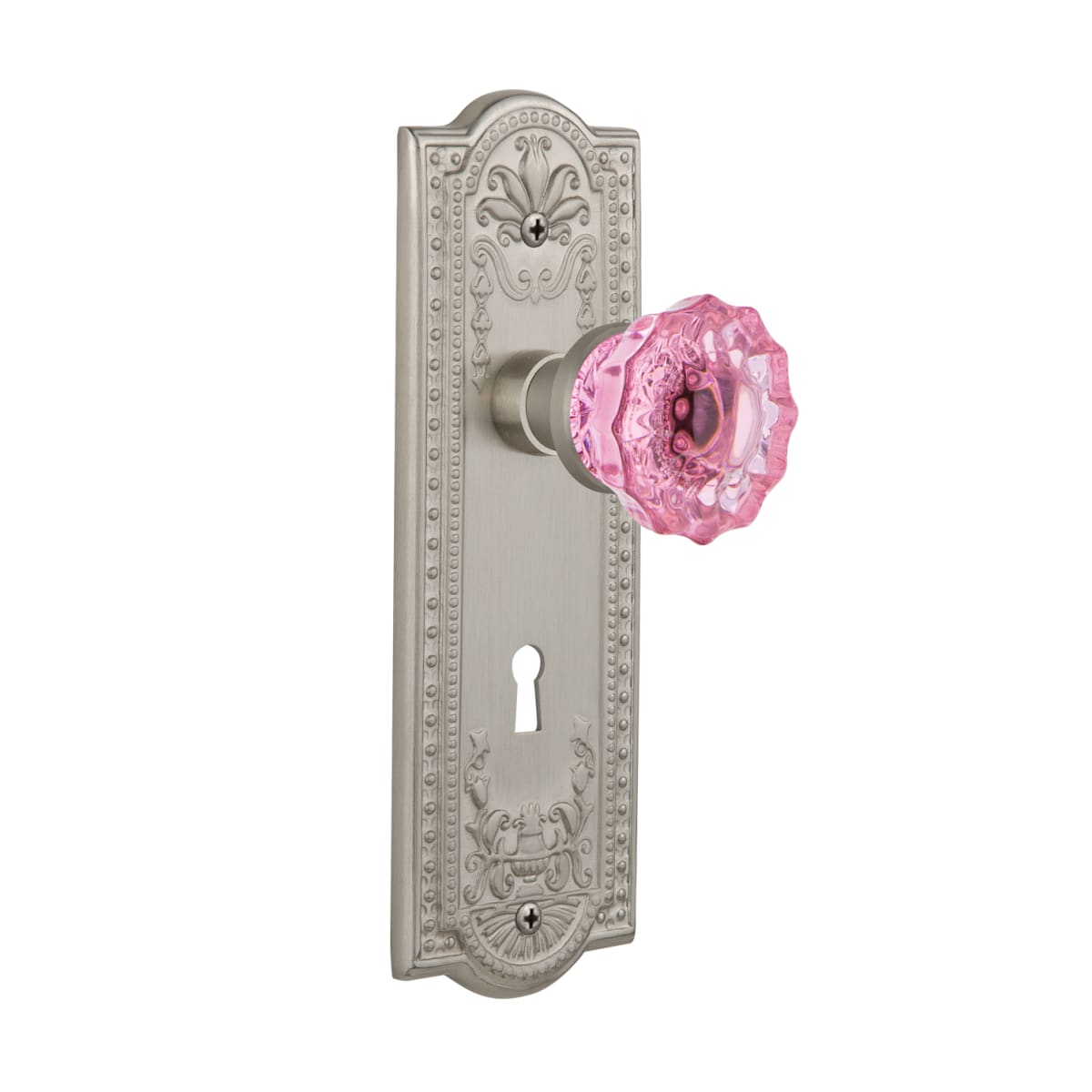 Nostalgic Warehouse 723847 Unlacquered Brass Meadows Solid Brass Rose Dummy Door  Knob Set with Pink Crystal Door Knob and Decorative Keyhole