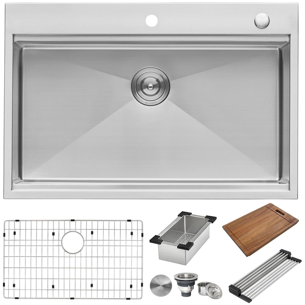Ruvati RVH8003 Stainless Steel Tirana 33 Drop In Single Basin Stainless Steel Kitchen Sink with Bottom Grid Basket Strainer and Sound Dampening Faucet