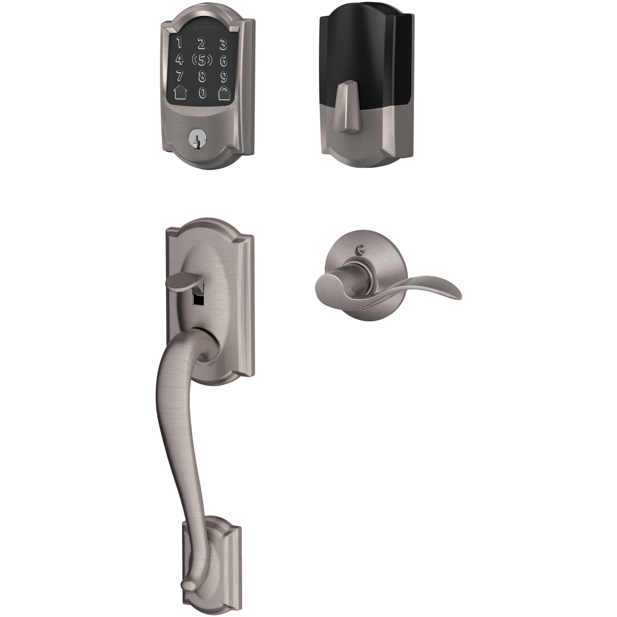 Schlage BE499WBCAM622ACCRH Matte Black Encode Plus Camelot Right Handed  Sectional Electronic Keyless Entry Handleset with Accent Interior Lever and  Decorative Plymouth Trim