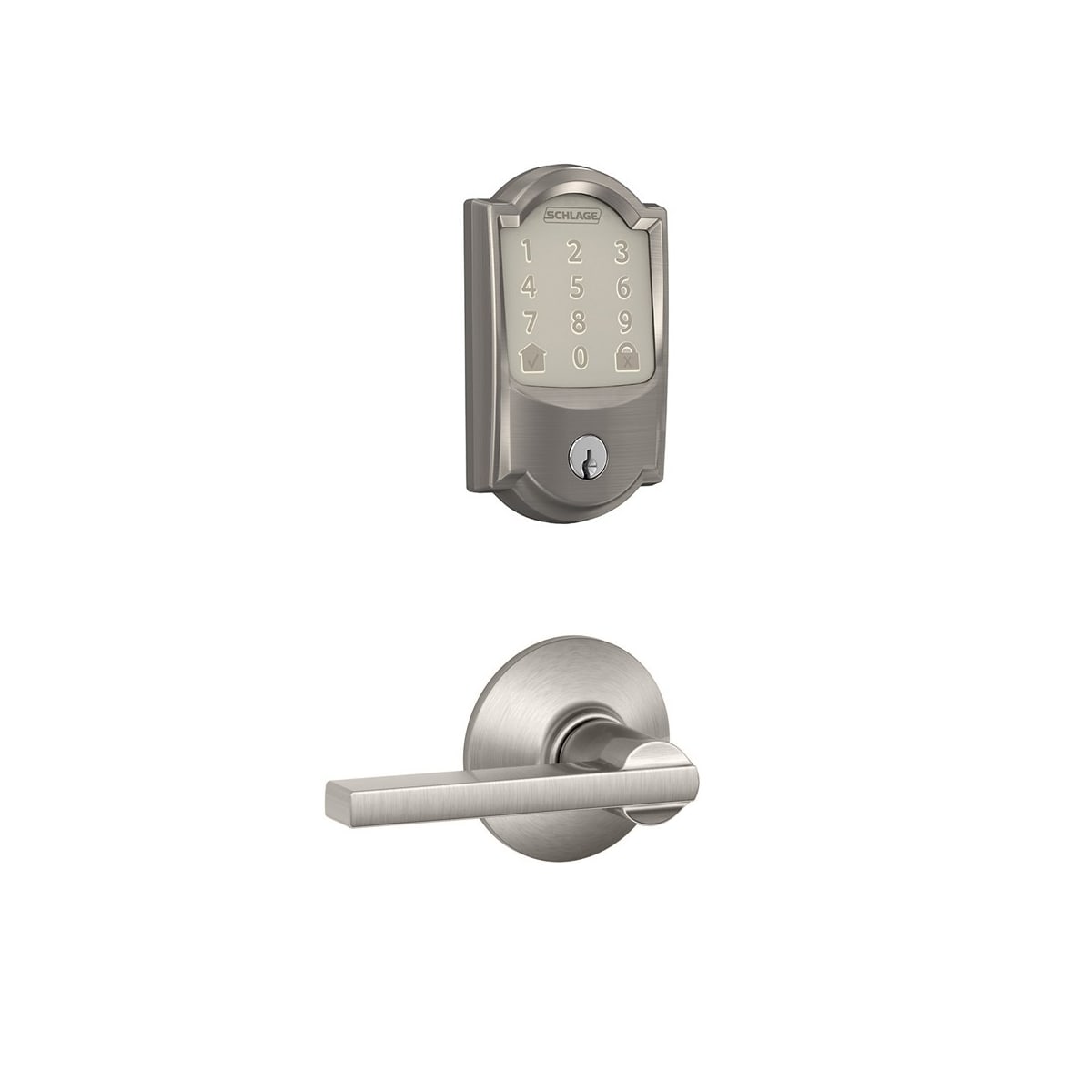 Schlage Fbe489wbcamlat619 Satin Nickel Encode Camelot Wifi Enabled Electronic Keypad Deadbolt With Passage Latitude Lever Handlesets Com
