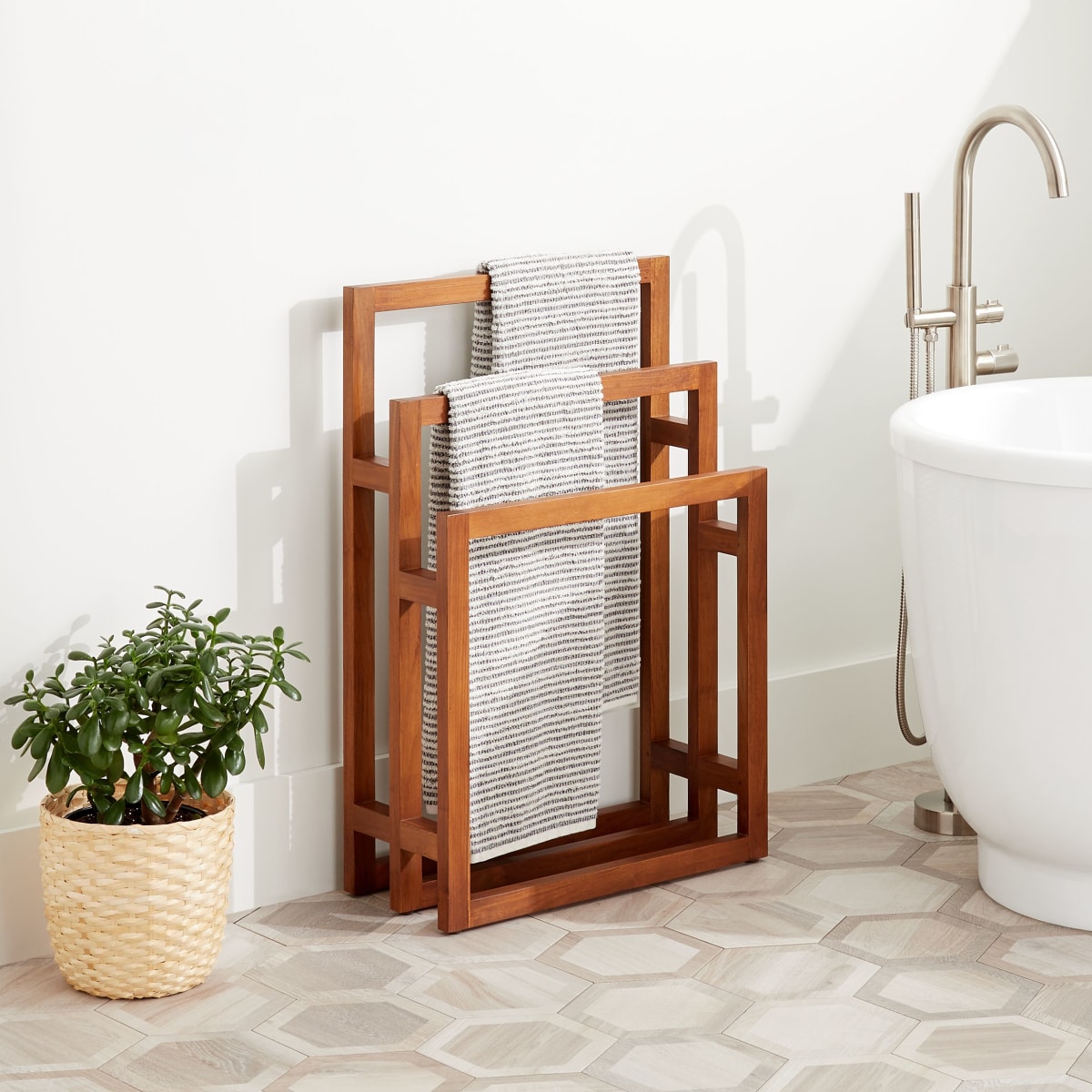 Signature Hardware 453408 Teak Yuhan 24 3 Bar Towel Stand PullsDirect