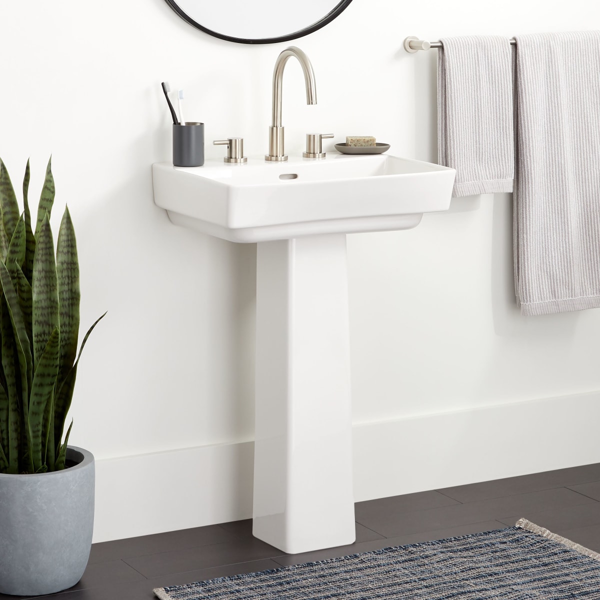 Signature Hardware 459529 White Pentero 23 Fireclay Pedestal Sink with Fireclay Base and 3 Faucet Holes at 8 Centers FaucetDirect