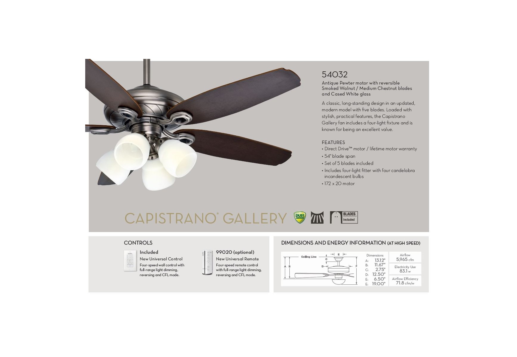 Casablanca 54032 Antique Pewter Capistrano 54 5 Blade Ceiling Fan