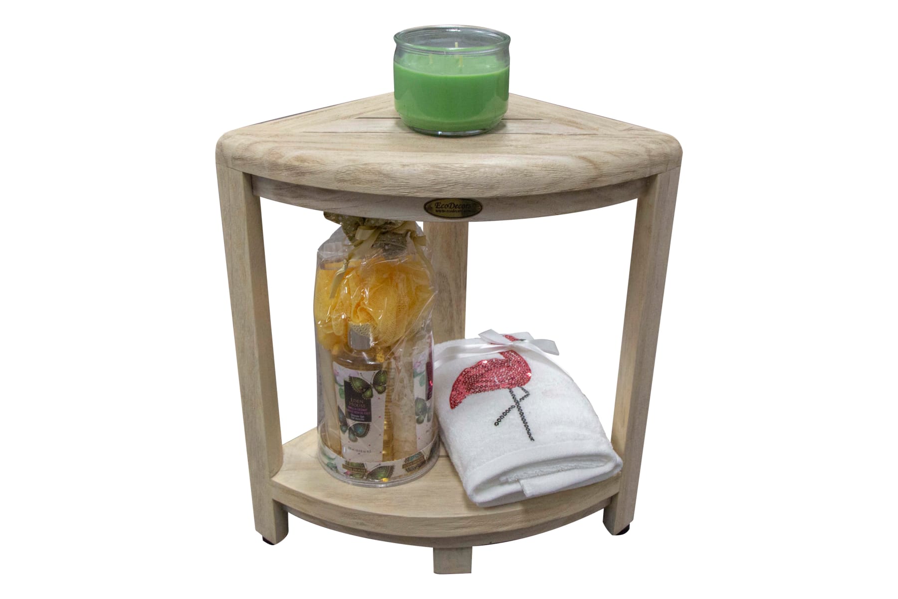 DecoTeak ED1122 Coastal DriftWood Oasis 2 Tier Corner Teak Shower Bench with Storage Shelf FaucetDirect