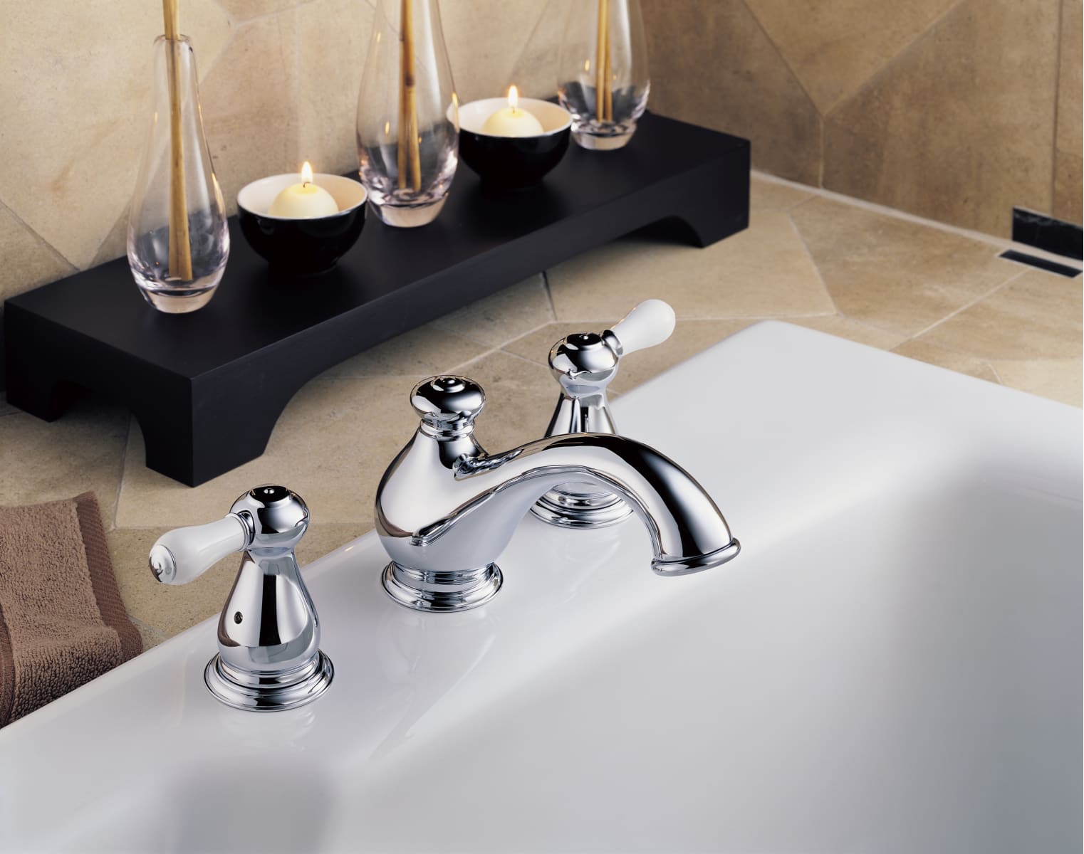 Delta T2778 Lhp Chrome Leland Deck Mounted Roman Tub Filler Trim Handles And Rough In Valve Sold Separately Faucet Com
