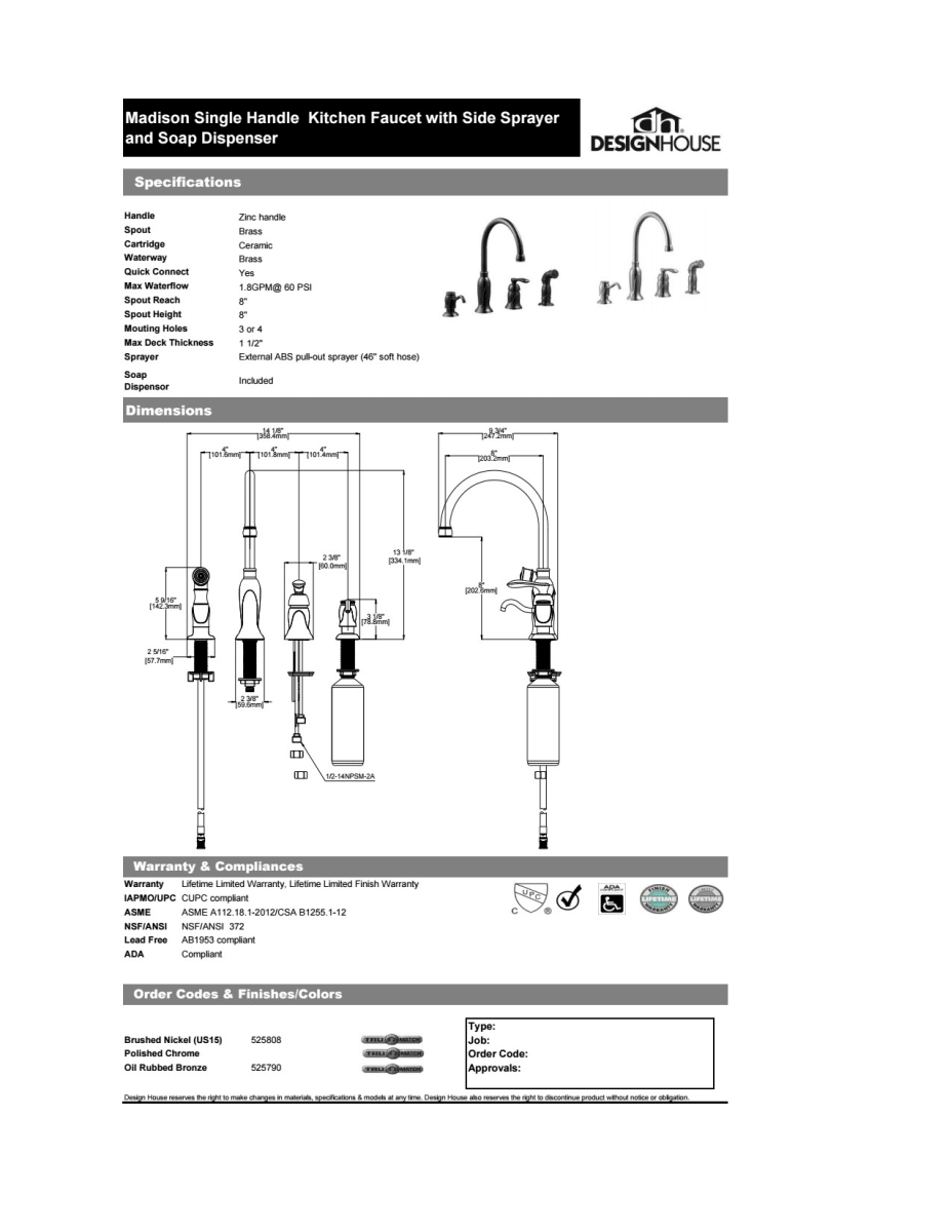 Design House 525808 Satin Nickel Single Handle Kitchen Faucet With Side Spray Soap Dispenser Faucet Com