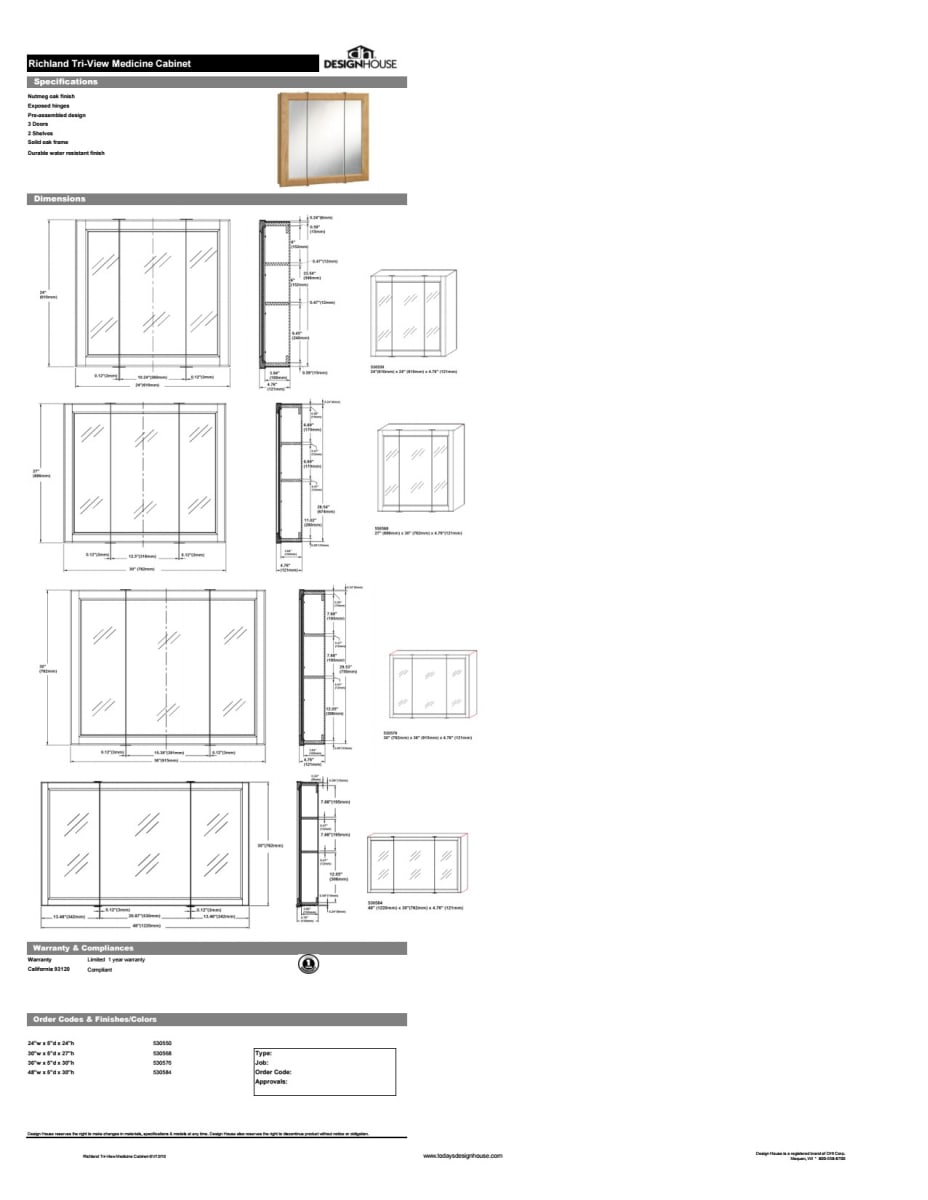 Design House 530584 Nutmeg Oak 48 Framed Triple Door Mirrored