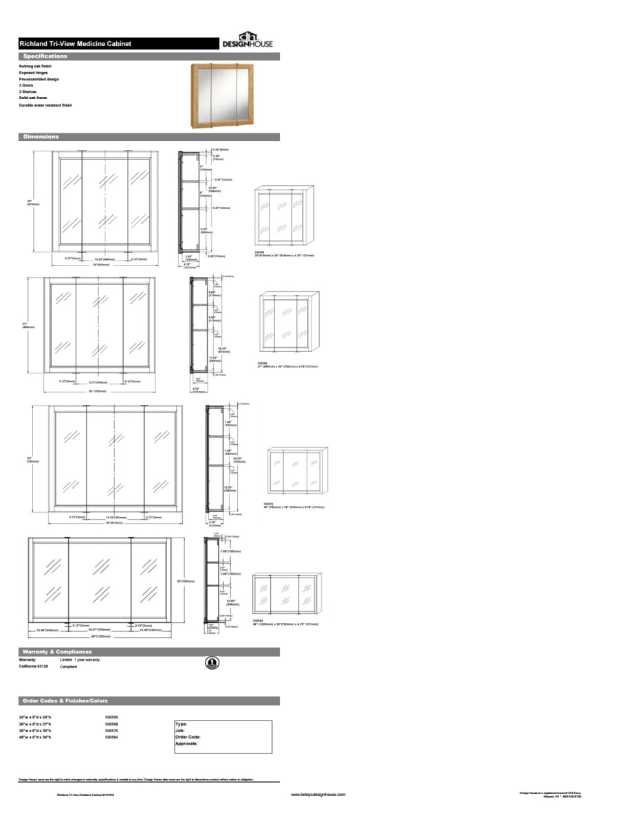 Design House 530584 Nutmeg Oak 48 Framed Triple Door Mirrored