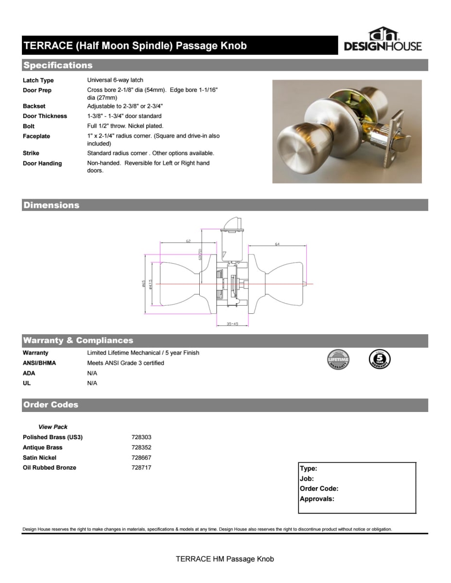 Design House 728717 Terrace 6 Way Latch Passage Door Knob Latches
