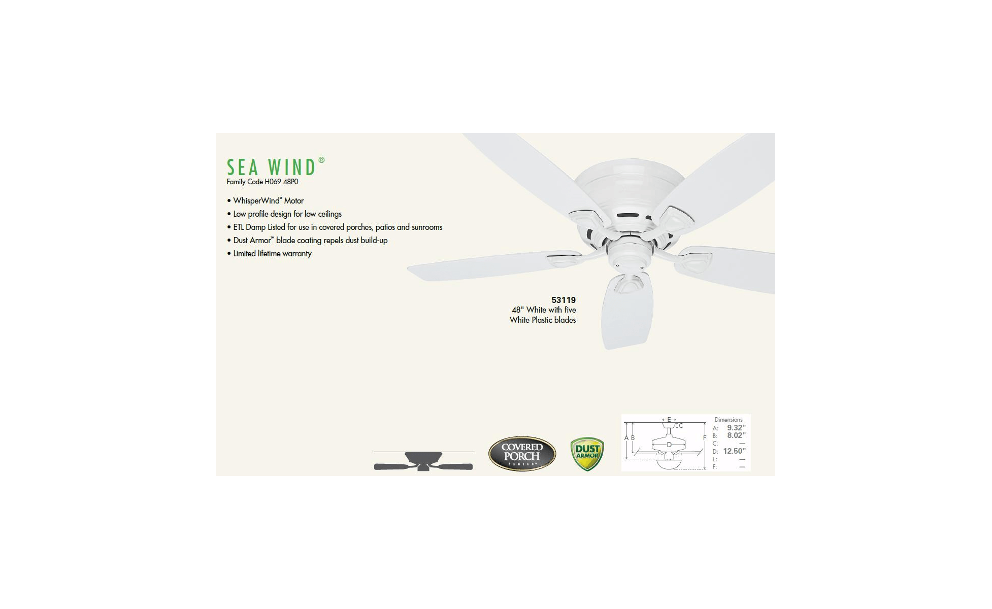 Hunter Low Profile 48 In White Ceiling Fan Shelly Lighting
