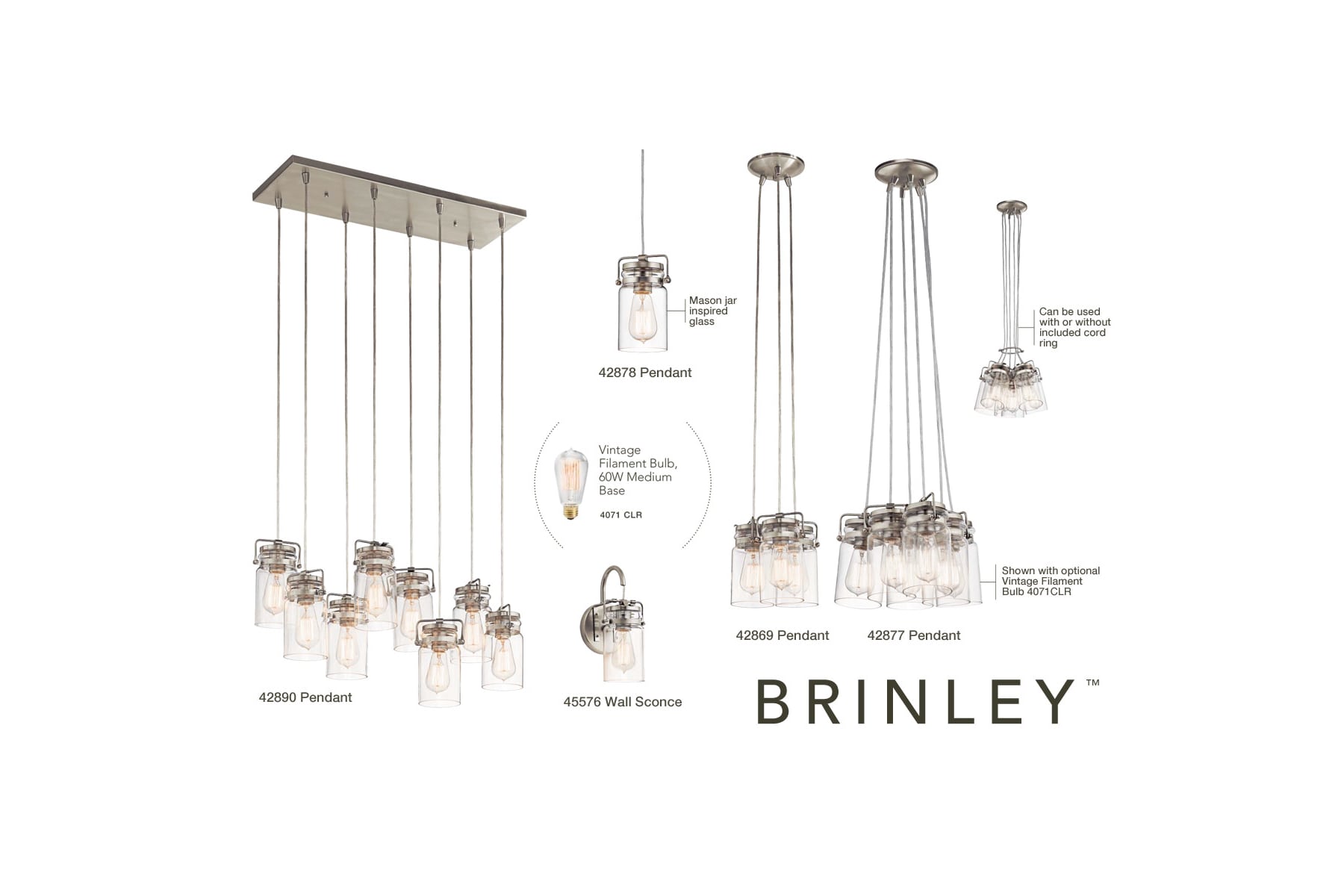 Kichler 42878NI Brushed Nickel Brinley Single Light 5 Wide Mini Pendant with Canning Jar Style Shade FaucetDirect
