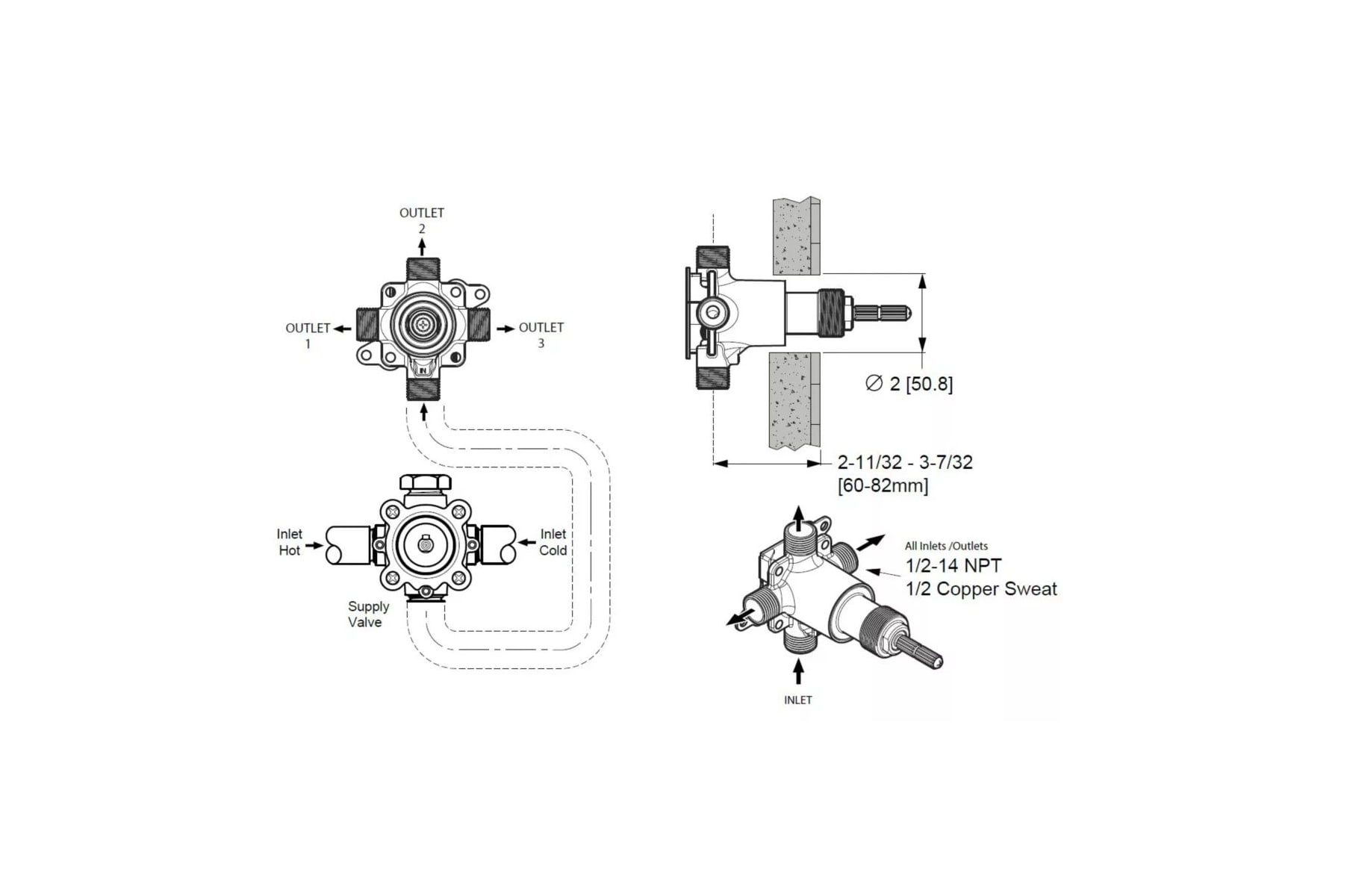 Pfister 015-3Wdnss Non-Shared 3-Way Stacked Diverter Valve - View #11