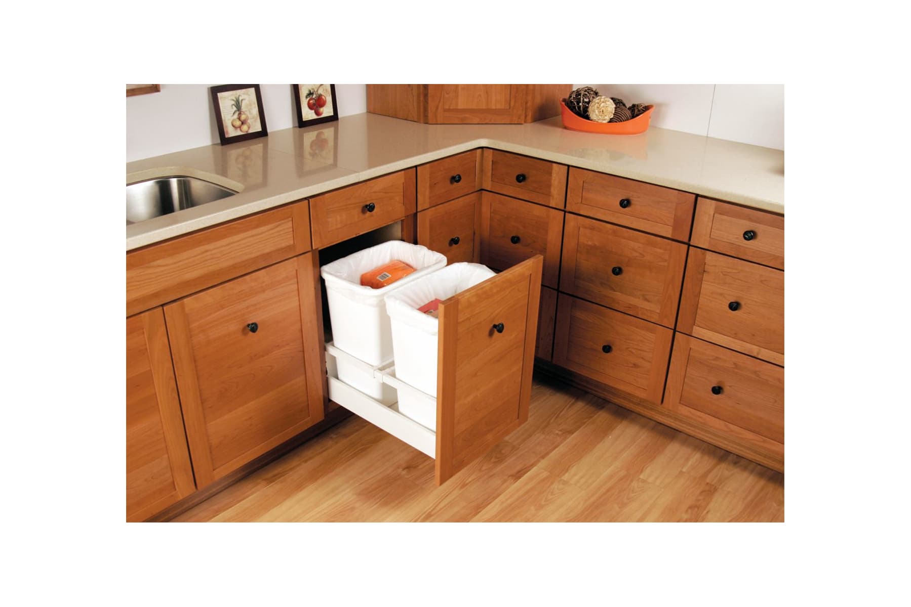 Rev A Shelf Twcsc 1850dm 2 White Twcsc Series Bottom Mount Double Bin Trash Can With Blum Tandem Slides For 18 Base Cabinets 50 Quart Capacity Per Bin Handlesets Com