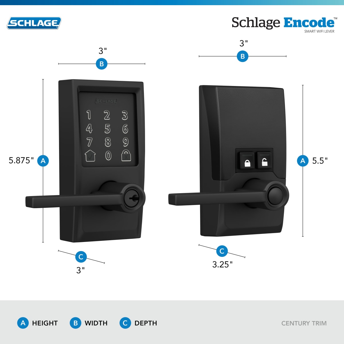 Schlage Encode Lever Century-Latitude Satin Nickel Wifi Bluetooth