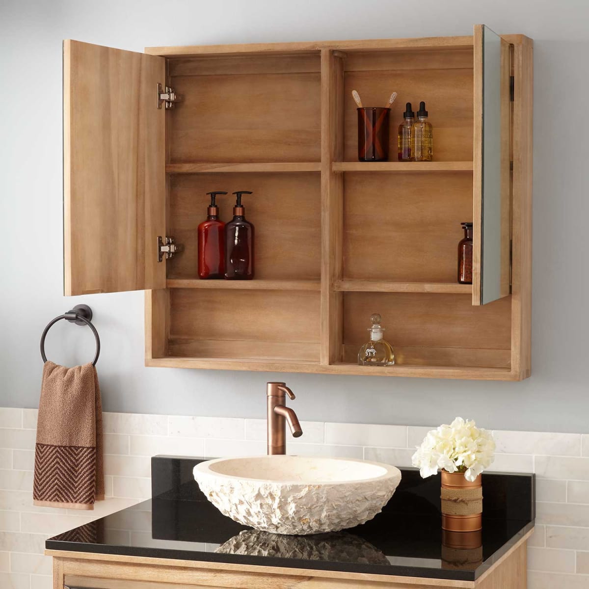 Teak medicine cabinet deals mirror