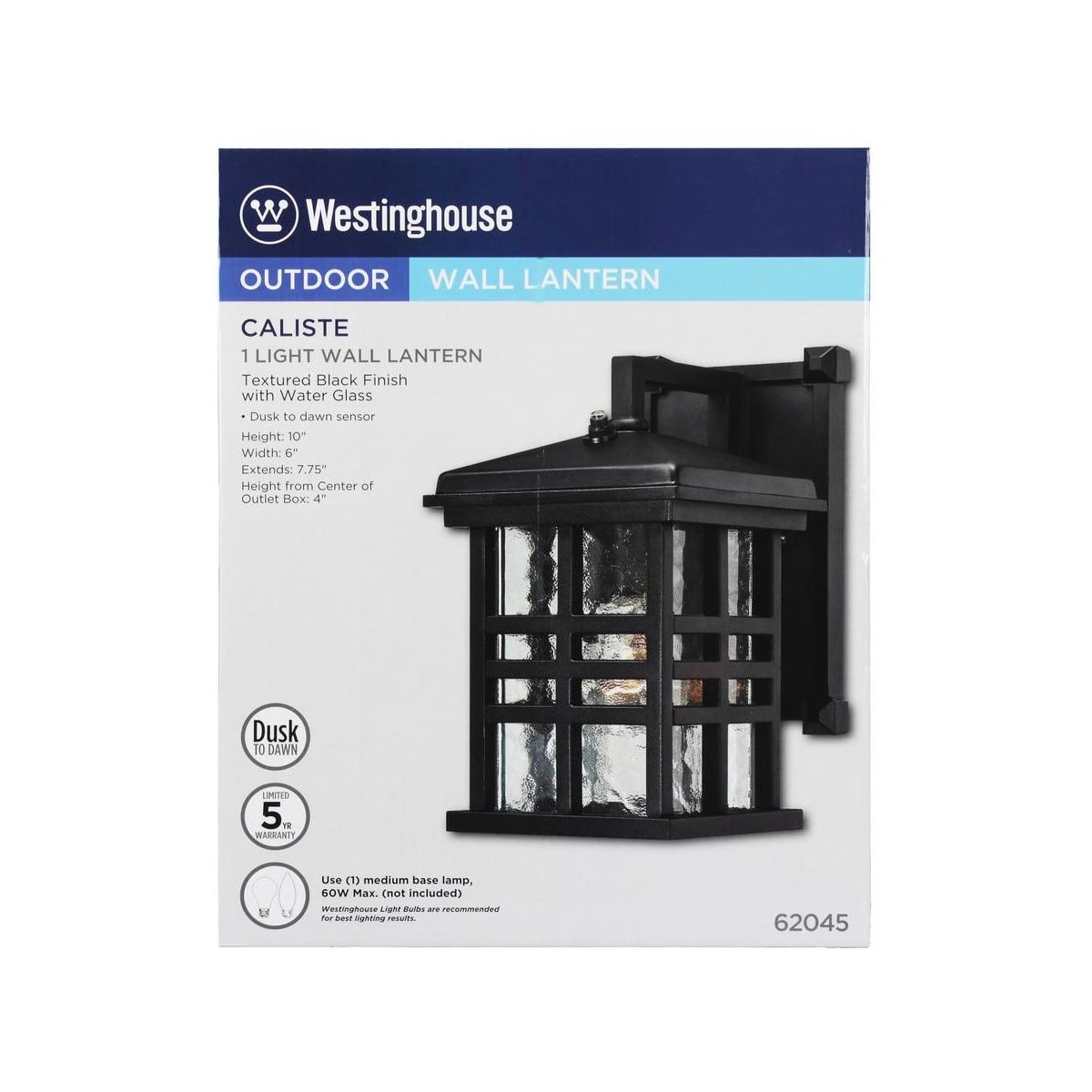 Westinghouse 6204500 Caliste 1 Light Outdoor Wall Lantern with Dusk to Dawn Sensor Textured Black 