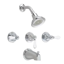 Triple Handle Tub and Shower Valve with Porcelain Lever Handles, Single Function Shower Head and Non-Diverter Tub Spout from the Hampton Collection
