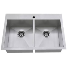 Edgewater 33" Double Basin Stainless Steel Kitchen Sink for Drop In or Undermount Installations with Single Faucet Hole - Drains Included
