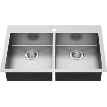 Edgewater 33-11/16" Drop In or Undermount Double Basin Stainless Steel Kitchen Sink with Basket Strainer, Basin Rack, and Sound Dampening Technology